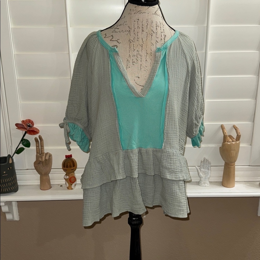 POL Tiered Baby Doll Tunic Top Aqua Sage Colorblock